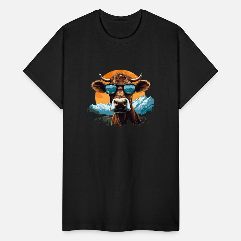 A cow with sunglasses in the mountains