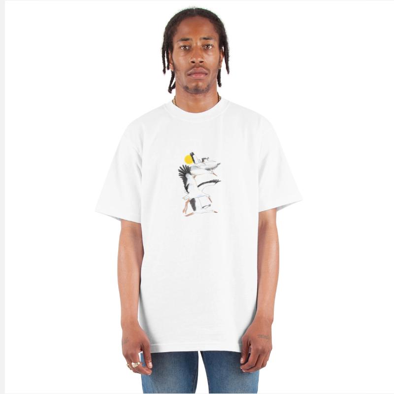 A Flock of White Storks Flying over the Sun