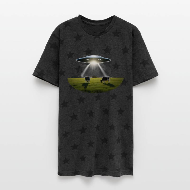 A UFO hovers over a meadow