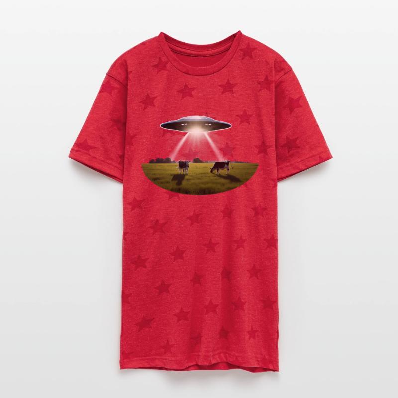 A UFO hovers over a meadow