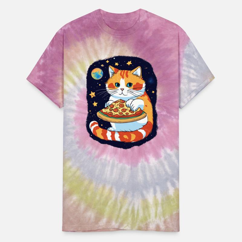cute cat enjoying a slice of pizza on the space