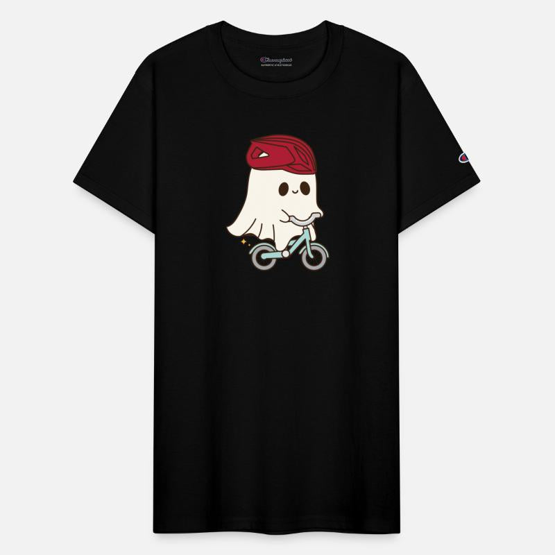 Cute halloween ghost riding a bike